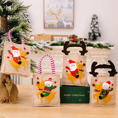 Christmas Gift Bags Burlap Linen Candy Pouch With Striped Antler Handles Santa Snowman Reindeer Applique Party Supplies