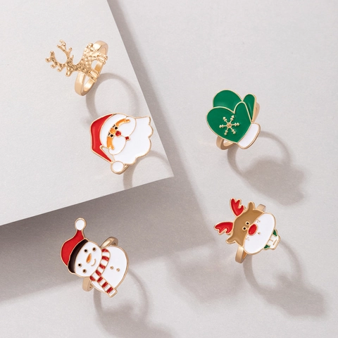 Christmas Rings Alloy Enamel Santa Claus Snowman Reindeer Festive Jewelry Adjustable Colorful Accessories