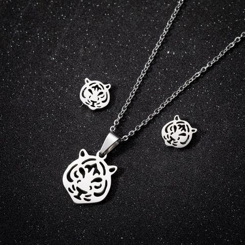 Collana E Orecchini In Acciaio Inossidabile Con Testa Di Tigre Traforata Stile Origami Gioielli Da Donna