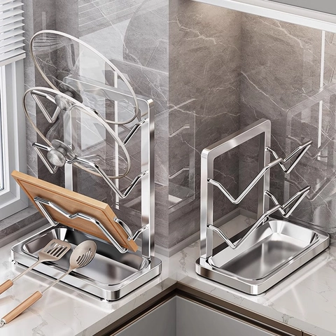 Stainless Steel Pot Lid Holder And Cutting Board Rack Multi Layer Kitchen Organizer With Removable 304 Drip Tray Suction Cups