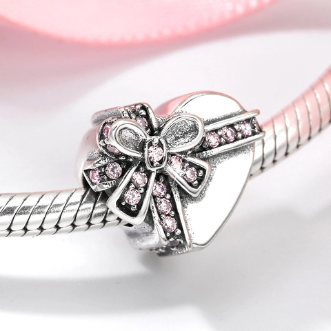 Charm Cuore Argento Sterling 925 Zirconia Cubica Rosa Fiocco Stile Scatola Regalo Per Bracciale Creazione Gioielli DIY