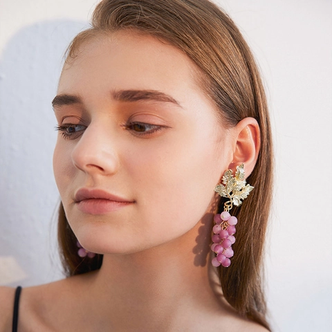 Orecchini A Uva Viola Foglia Dorata Perle In Resina Con 925 Sterling Silver Earring Post Moda Gioielli Frutta Donna