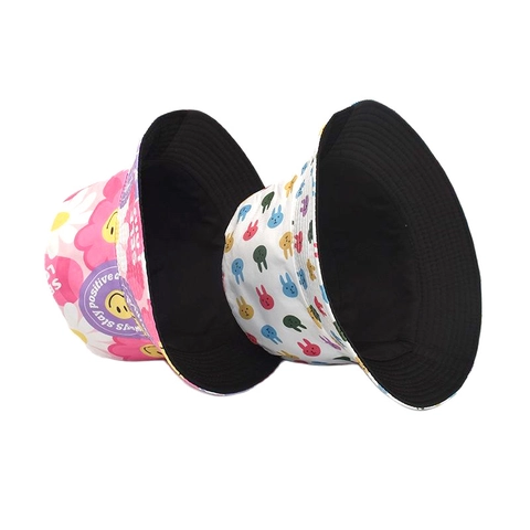 Fischerhut Polyester Canvas Cartoon Druck Smiley Blume Hase Outdoor Strand Sonnenschutz Wendbar Faltbar