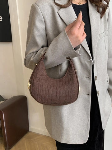 Women Felt Underarm Bag Crocodile Pattern Chic Dumpling Handbag Minimalist Vintage Hobo Purse With Gold Hardware