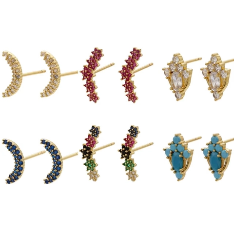 Crescent Moon Flower Star Stud Earrings Copper Zirconia Micro Paved Sparkling Elegant Jewelry For Women