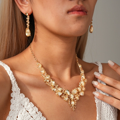 Collana E Orecchini Retro Lusso Strass Goccia D'acqua Champagne Gioielli In Lega Per Donne Matrimonio Banchetto