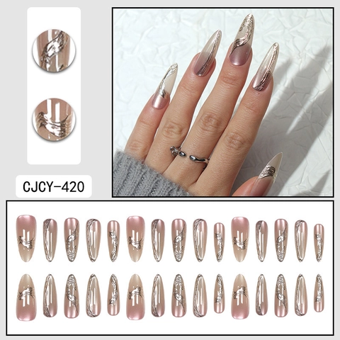Uñas Postizas A Presión Degradado Rosa Ondas Metal Líquido Plateado Forma Almendra Larga Para Mujeres