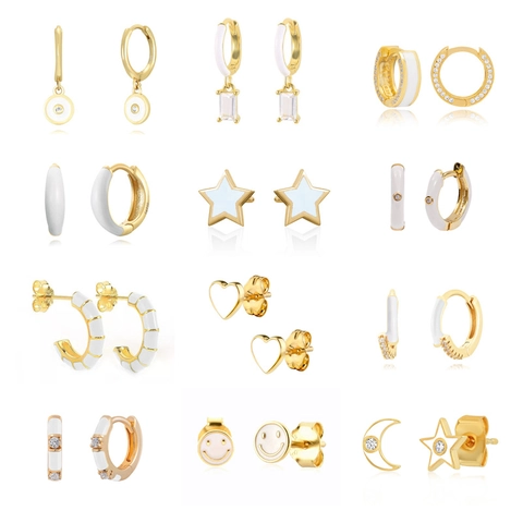 Weiße Emaille Zirkon Herz Stern Mond Ohrringe Mit 925 Silber Stecker Kupfer Geometrische Creolen Stecker Für Damen