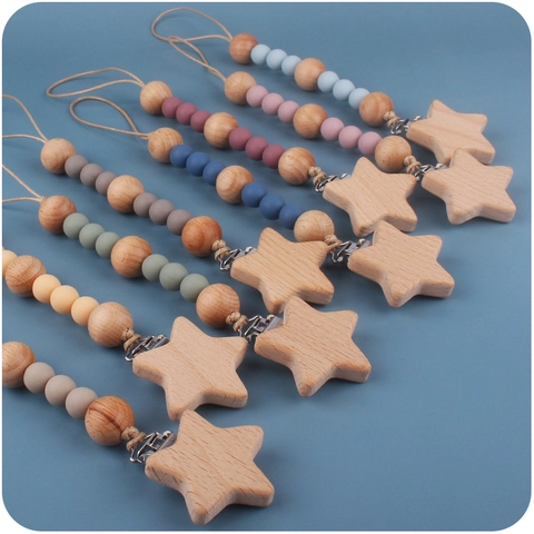 Baby Pacifier Clip Chain Star Beech Wood Silicone Beads Soother Holder Anti-Drop Strap For Infants