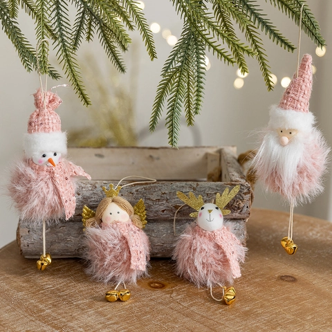 Pink Plush Christmas Hanging Ornaments Santa Snowman Angel Reindeer With Gold Bells Holiday Tree Decorations Cute Fabric