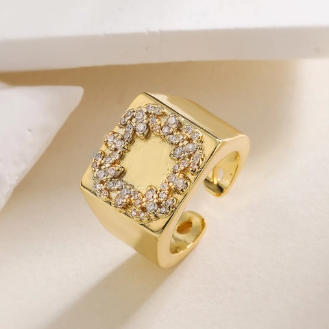 Women Chunky Wide Band Ring 18K Gold Plated Copper Zircon Geometric Hip Hop Adjustable Open Finger Jewelry
