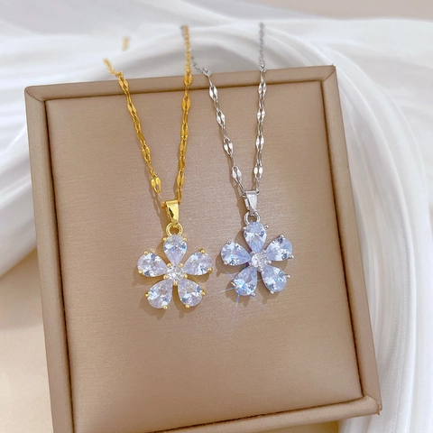 Collana Con Pendente A Fiore Catena In Acciaio Al Titanio Rame Micro Pavé Zirconia Lusso Elegante Catenina Versatile