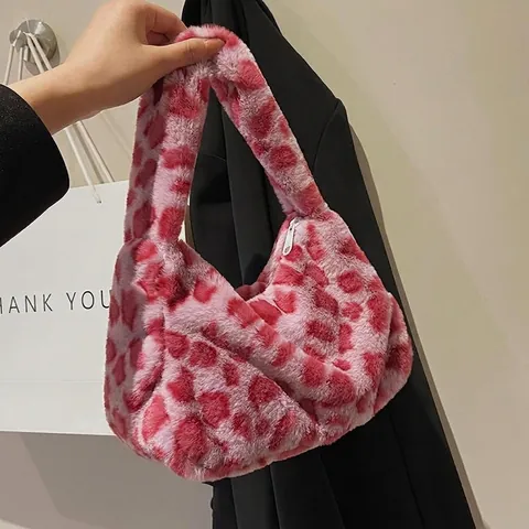 Women Faux Fur Handbag Plush Animal Print Leopard Zebra Underarm Shoulder Bag Autumn Winter Casual Purse
