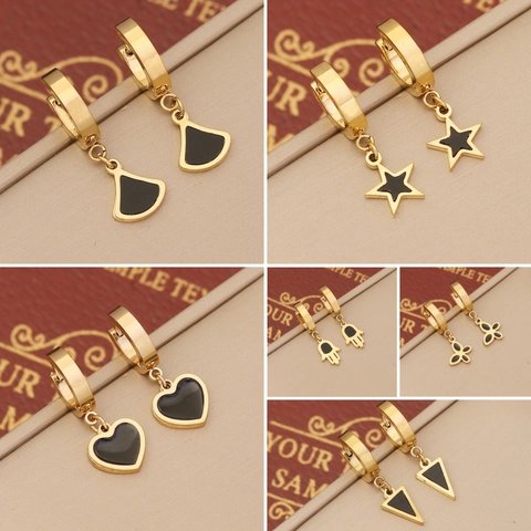 Hängeohrringe Edelstahl Schwarze Emaille Schmetterling Herz Stern Hand Der Fatima Form Vintage Trendschmuck Für Damen