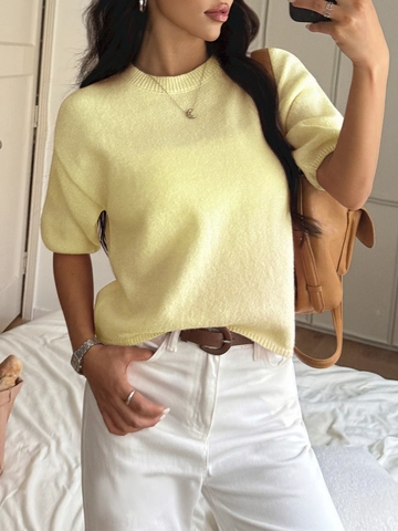 Women Short Sleeve Knit Sweater Crew Neck Solid Color Soft Lightweight Acrylic Nylon Wool Blend Casual Tops