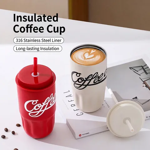 Insulated Coffee Mug 316 Stainless Steel Vacuum Cup With Lid And Straw Portable Car Tumbler For Hot Cold Drinks