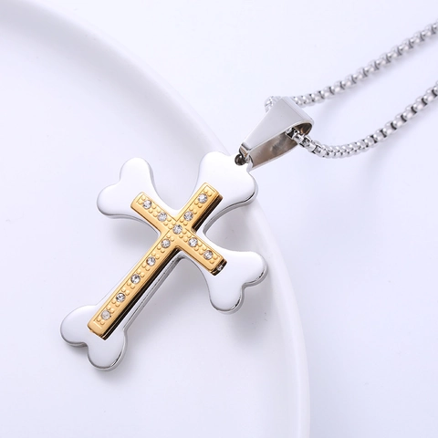 Kruis Hanger Ketting 316L Roestvrij Staal Tweekleurig Goud Botvorm Met Steentjes Religieus Vintage Voor Heren