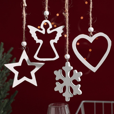 Christmas Tree Hanging Ornaments White Wooden Hollow Heart Star Snowflake Angel Shape Holiday Party Decor Nordic Minimalist