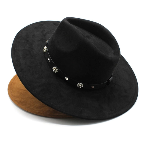 Wide Brim Fedora Hat Vintage Felt Jazz Cap With Artificial Pearl Flower And Metal Studs Decorative Belt For Women Bohemian