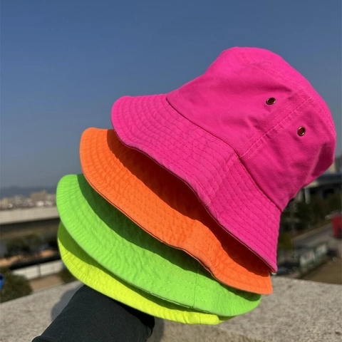 Neon Colored Cotton Bucket Hat Solid Plain Streetwear Sun Protection Outdoor Fisherman Hat For Men Women