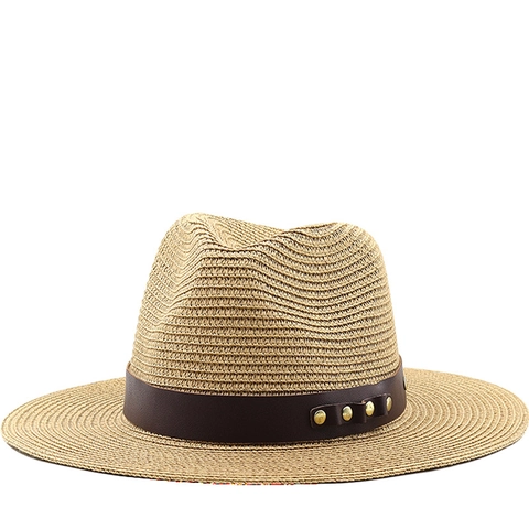 Sombrero Fedora De Paja Tejida Con Banda De Cuero Sintético Remache Metálico Protección Solar Transpirable Ala Ancha Retro Unisex