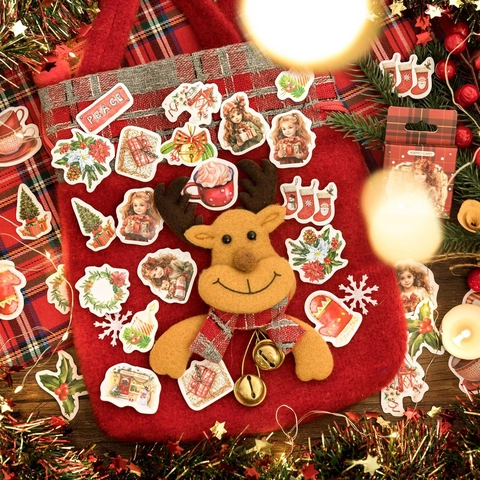 Vintage Christmas Stickers Boxed Festive Illustration Adhesive Decorative Decals For Scrapbooking Journal Gift Wrapping