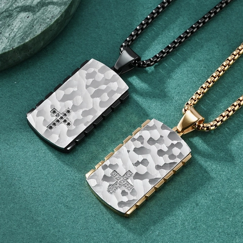 Heren Roestvrijstalen Rechthoekige Kruis Hanger Ketting Gehamerde Textuur Strass Inlay Mode-Sieraden Cadeau