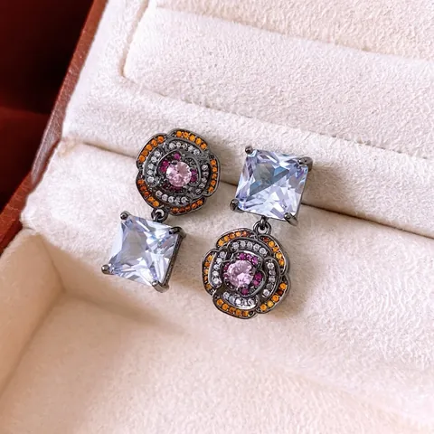 Vintage Asymmetric Flower Square Zircon Earrings With Silver Earring Post Copper Retro Black Luxury For Women