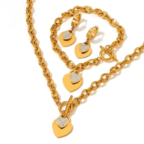 Gioielli In Acciaio Inossidabile Collana Bracciale E Orecchini A Cerchio Ciondolo Cuore Strass Chiusura A Gancio OT Per Donna Elegante