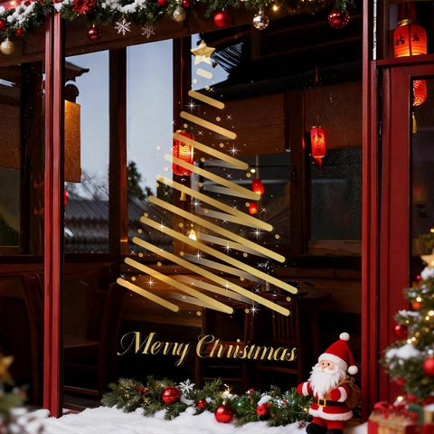 Christmas Window Sticker Golden Spiral Tree Static Cling Glass Door Decal Double Sided Reusable Minimalist Holiday Decor