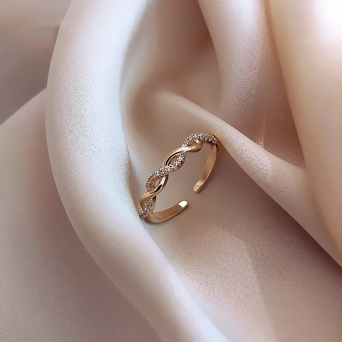Minimalist Copper Zirconia Twisted Braided Adjustable Open Ring For Women Vintage Light Luxury Fashion Jewelry Finger Ring