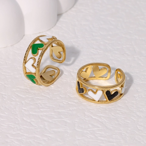Heart Shaped Hollow Stainless Steel Open Ring Enamel Drip Oil Adjustable Fashion Jewelry Women