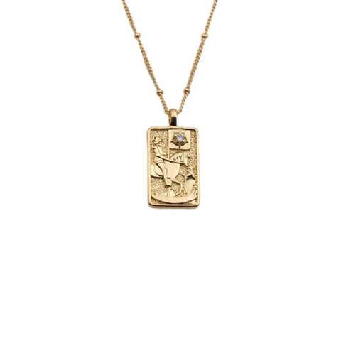 Collana Con Ciondolo Rettangolare In Rame E Zircone Placcato Oro Retro Tarot Rilievo Medaglione Catena A Sfere Gioielli