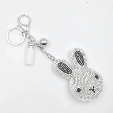 Cute Rabbit Head Keychain Sparkling Rhinestone Alloy Leather Tassel Bell Pendant For Women Bag Charms Accessory Gift