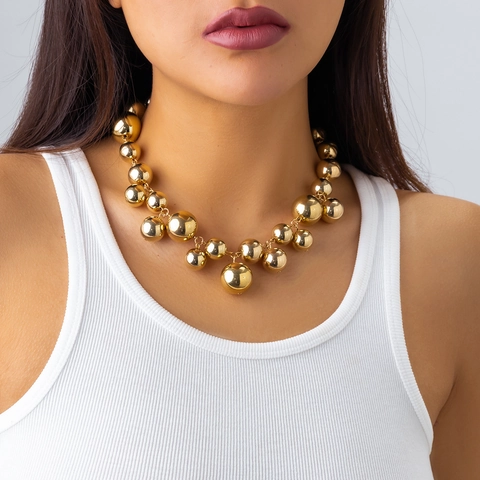 Modern Punk Metal Round Bead And Artificial Pearl Necklace For Women Elegant Electroplated Stitching Tassel Choker Jewelry