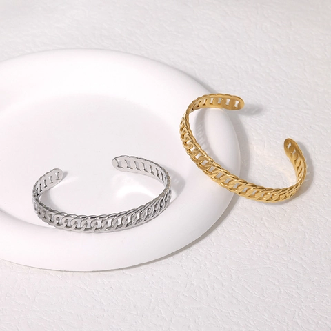 Bracciale Rigido Regolabile A Catena Curb Acciaio Inossidabile Placcato Oro 18K Semplice Polsino Aperto Gioielli Di Moda Minimalisti Donna