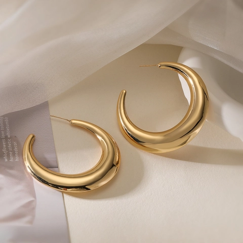 Chunky C-Shaped Hoop Earrings For Women Vintage Simple Polished Copper Geometric Metal Style Jewelry Statement Accessories