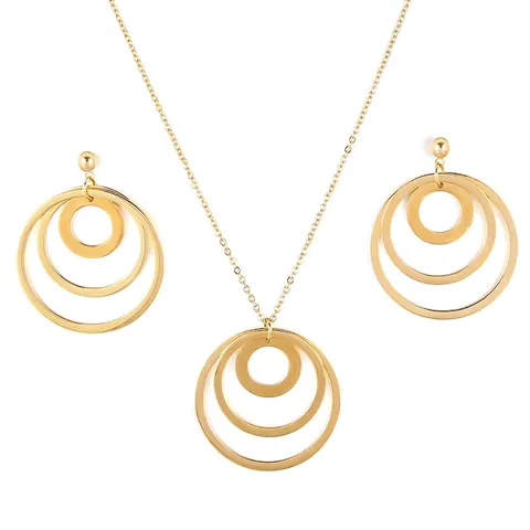 Interlocking Triple Circle Necklace And Earrings Stainless Steel Jewelry For Women Elegant Golden Hollow Round Design