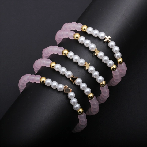 Bracciale Di Perline Agata Smerigliata Quarzo Rosa Finta Perla Artificial Rame Cuore Stella Croce Farfalla Moda Donne