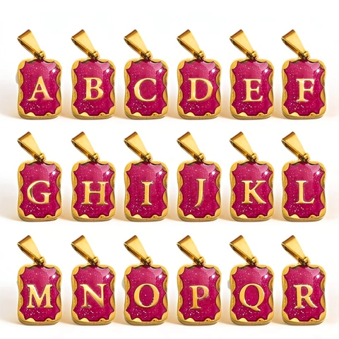 Edelstahl Initialen Buchstabe Anhänger Rechteckig Pink Glitzer Emaille Charm Für DIY Halskette Damen Schmuck
