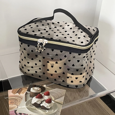 Flocked Heart Mesh Makeup Bag Portable Large Capacity Cosmetic Travel Organizer With Star Zipper And Top Handle