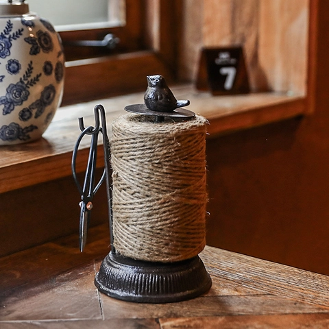 Cast Iron Twine Holder With Jute Rope And Scissor Vintage Bird Animal Ornament Desktop Decorative String Dispenser