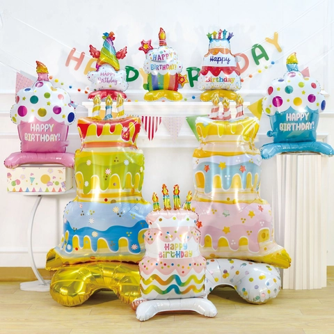 Standing Birthday Cake Aluminum Foil Balloon Tiered Cake Gift Box Shape Self Standing Inflatable Mylar Party Decor