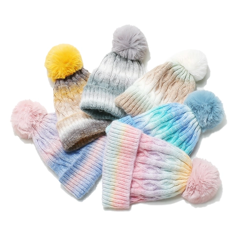 Women Winter Knitted Beanie Hat With Faux Fur Pom-pom Acrylic Tie-dye Gradient Cable Knit Fleece Lined Warm