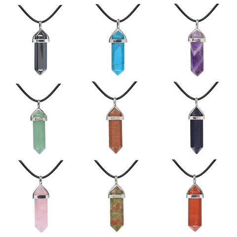 Hexagonal Prism Crystal Pendant Necklace Healing Natural Gemstone Quartz Bullet Point Alloy Clasp Black Wax Cord Jewelry