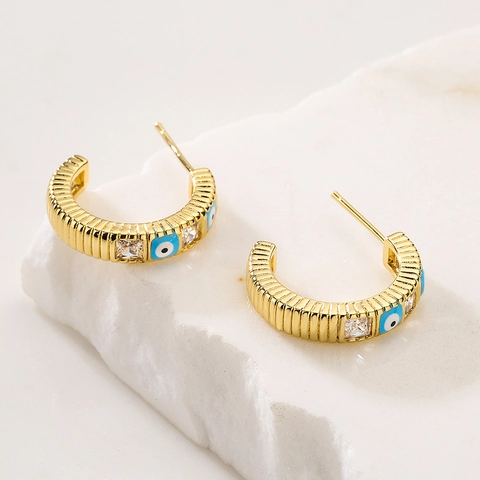 Evil Eye C Shape Stud Earrings Copper Real Gold Plated Cubic Zirconia Enamel Ribbed Retro Jewelry For Women