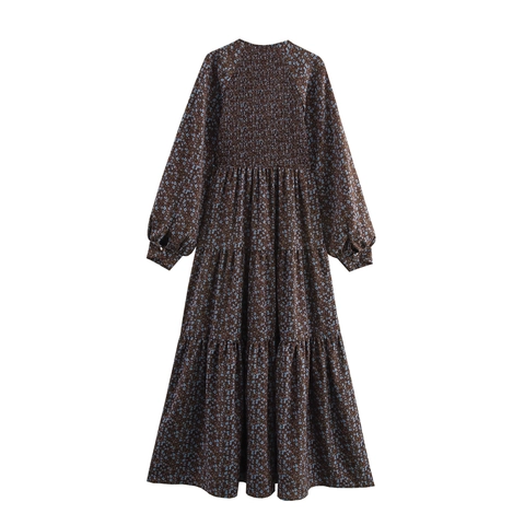Floral Maxi Dress Smocked V Neck Long Sleeve Chiffon Tiered French Pastoral Elegant Women Brown
