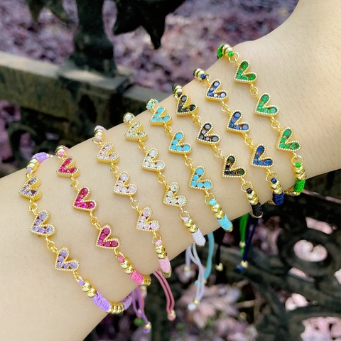Handmade Braided Bracelet Copper Gold Plated Colorful Cubic Zirconia Triple Heart Adjustable Bohemian Ethnic Jewelry Women