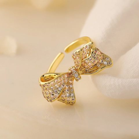 Schleife Verstellbarer Offener Ring Kupfer 18K Vergoldet Mikroverlegter Zirkon Exquisiter Modeschmuck Für Frauen