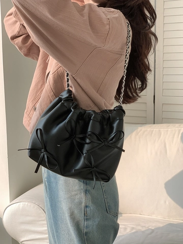 Pleated Underarm Bag PU Leather Bowknot Decor Chain Strap Solid Color Fashion Women Shoulder Bag